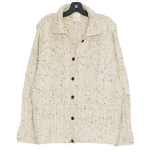 Emerald Design Cardigan Sweater Irish Wool Cable Knit Fisherman Grandpa Flawed